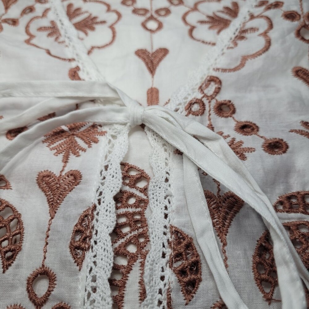 Rebellion Tie Front Eyelet Palm Top Cotton White Brown Large Boho Tropical - Picture 9 of 9